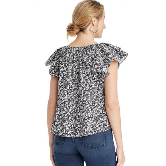 Wild Fable Women's Ruffle Short Sleeve Blouse, Black And White Small New - Picture 2 of 6